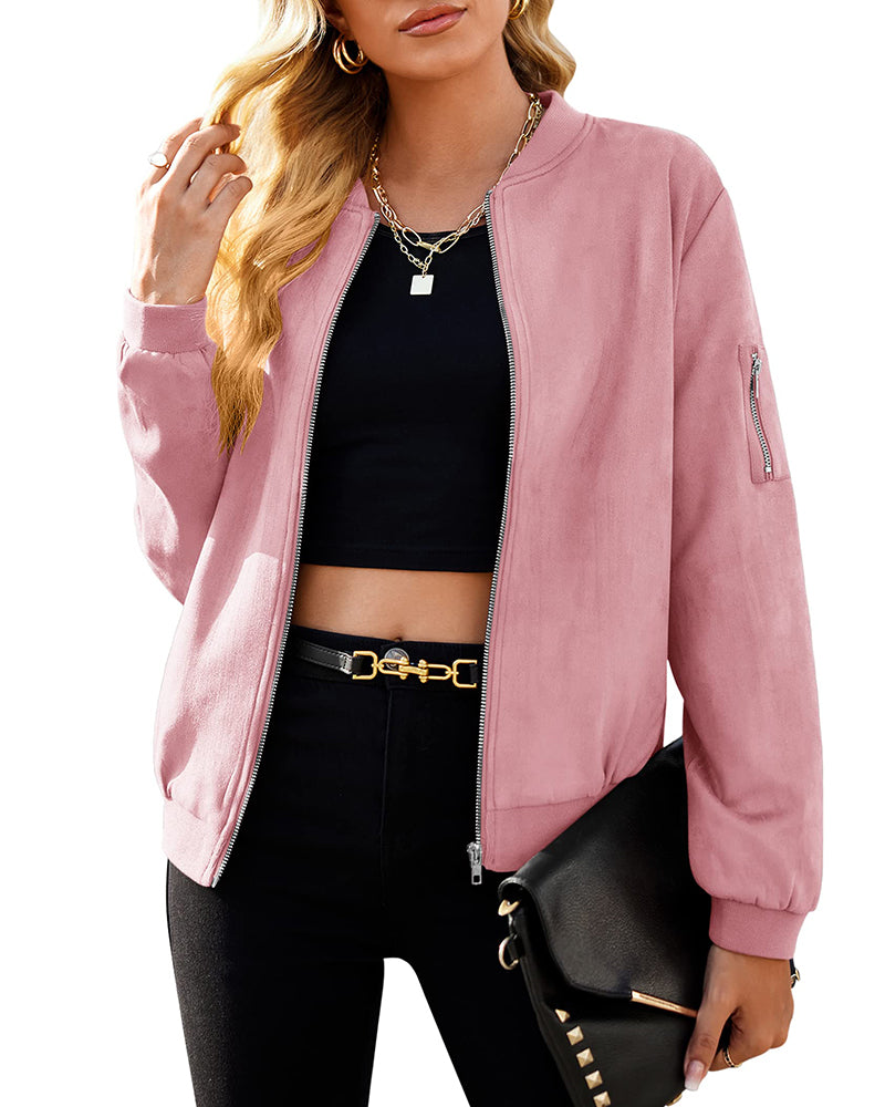 Faux Bomber Zip Up Lightweight Jacket Coat with Pockets – Zeagoo- Pink M Faux Bomber Zip Up Lightweight Jacket Coat with Pockets – Zeagoo- Pink M