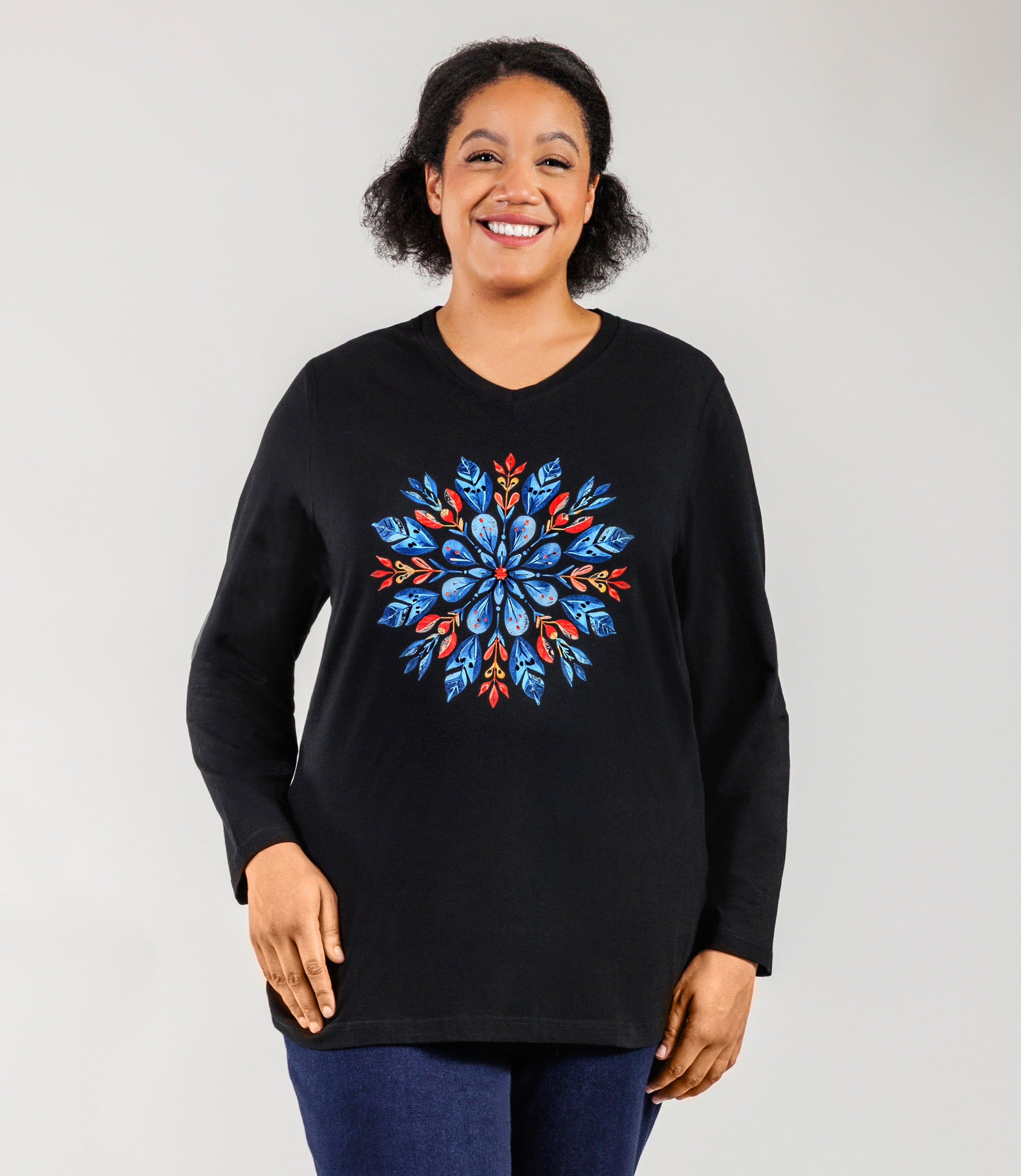Designer Graphic Long Sleeve V-Neck Top Scandi Snowflake, X Black Designer Graphic Long Sleeve V-Neck Top Scandi Snowflake, X Black