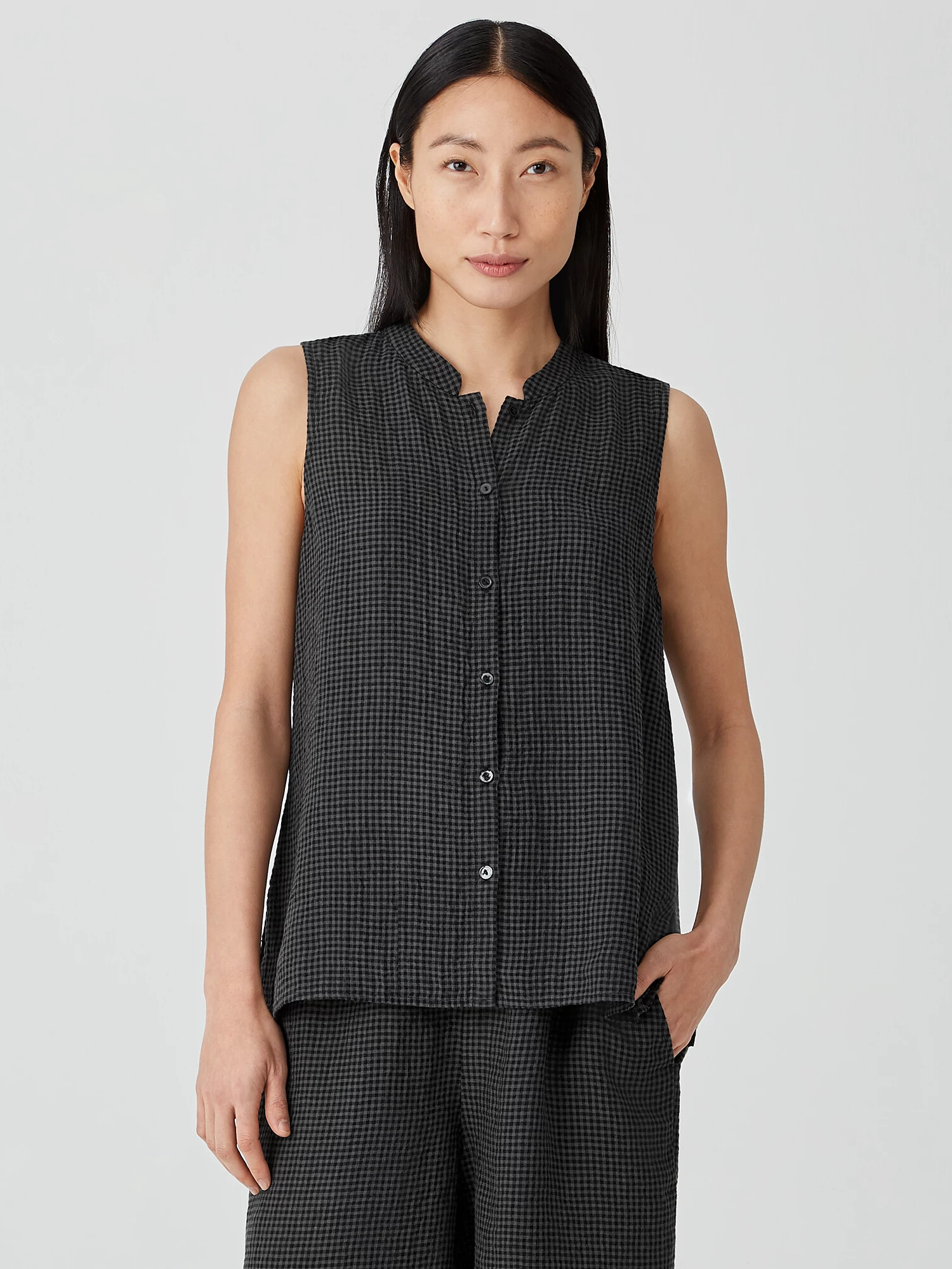 Puckered Organic Linen Mandarin Collar Shirt