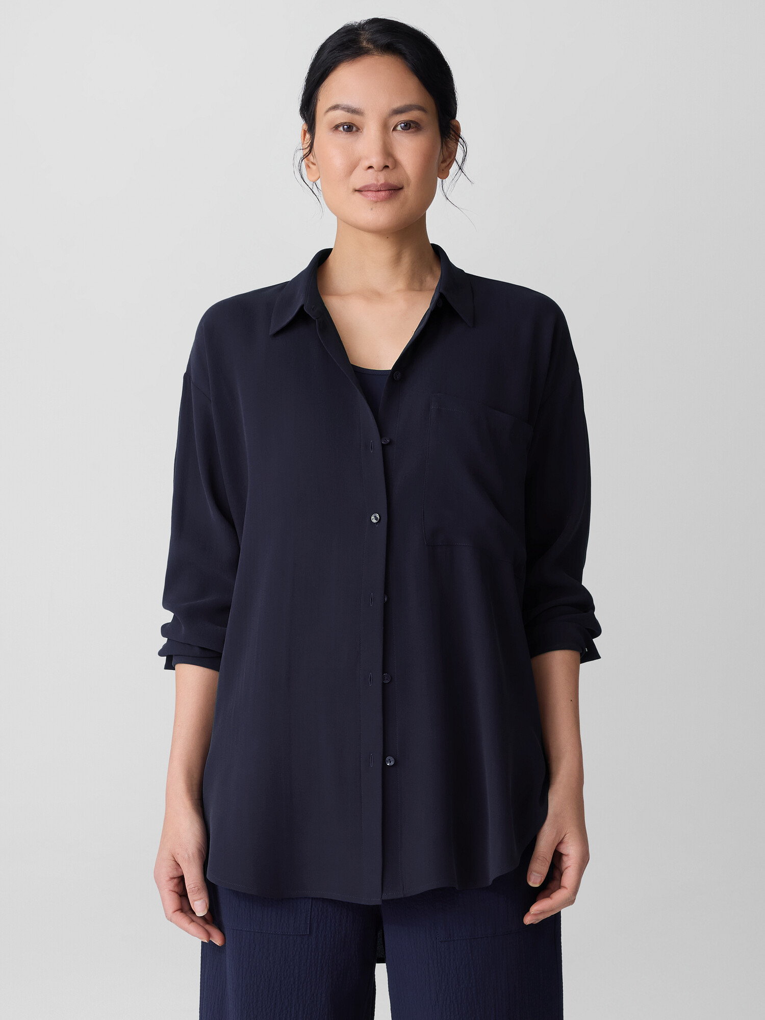 Silk Georgette Crepe Classic Collar Long Shirt Silk Georgette Crepe Classic Collar Long Shirt