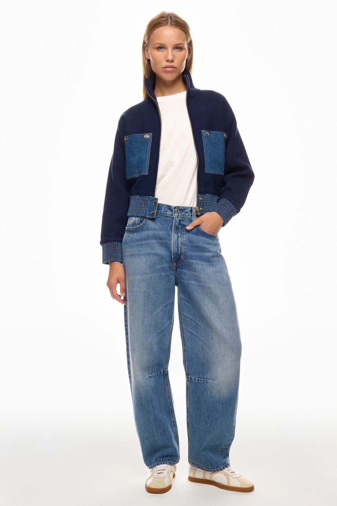 Sandro Knit Bomber Jacket With Denim Detail Blue