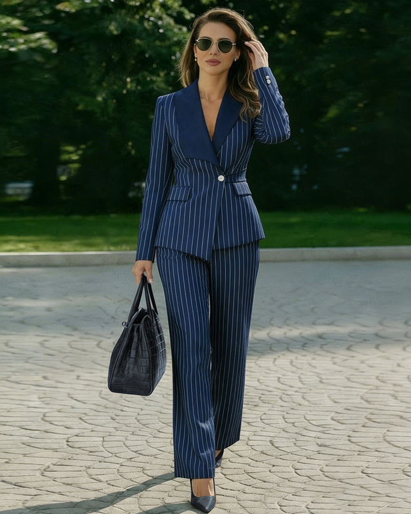 Zeagoo Business Pinstripe Blazer Pants Suit Set Zeagoo Business Pinstripe Blazer Pants Suit Set