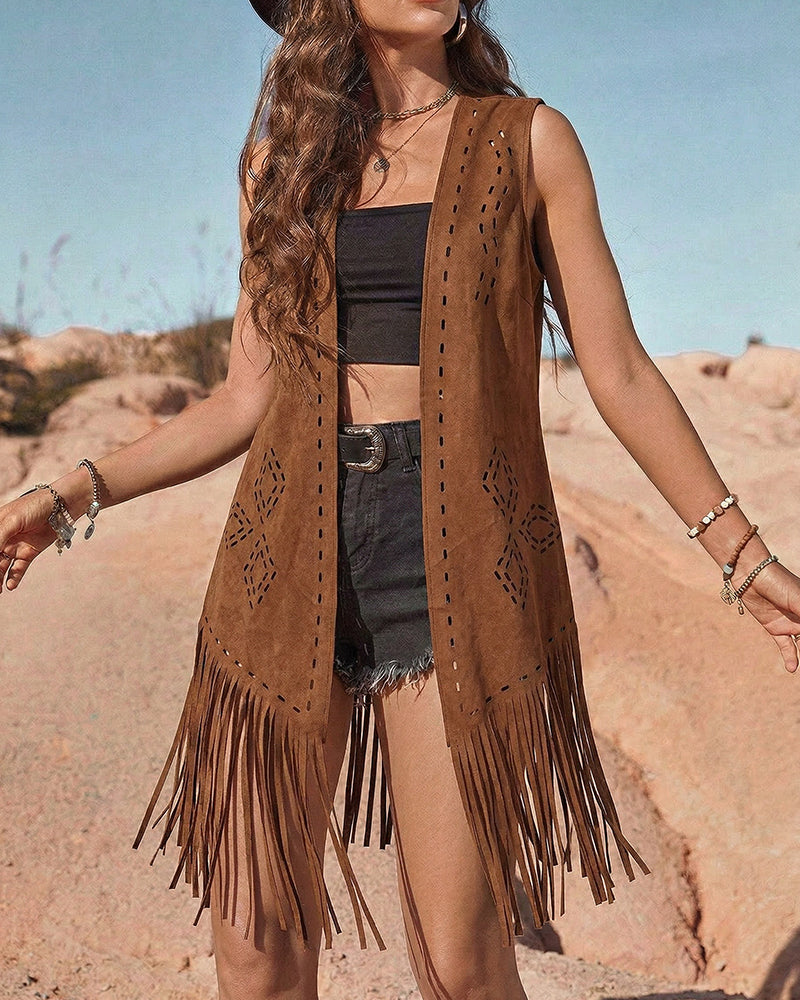 Vintage s Hollow Out Details Faux Suede Fringe Vest