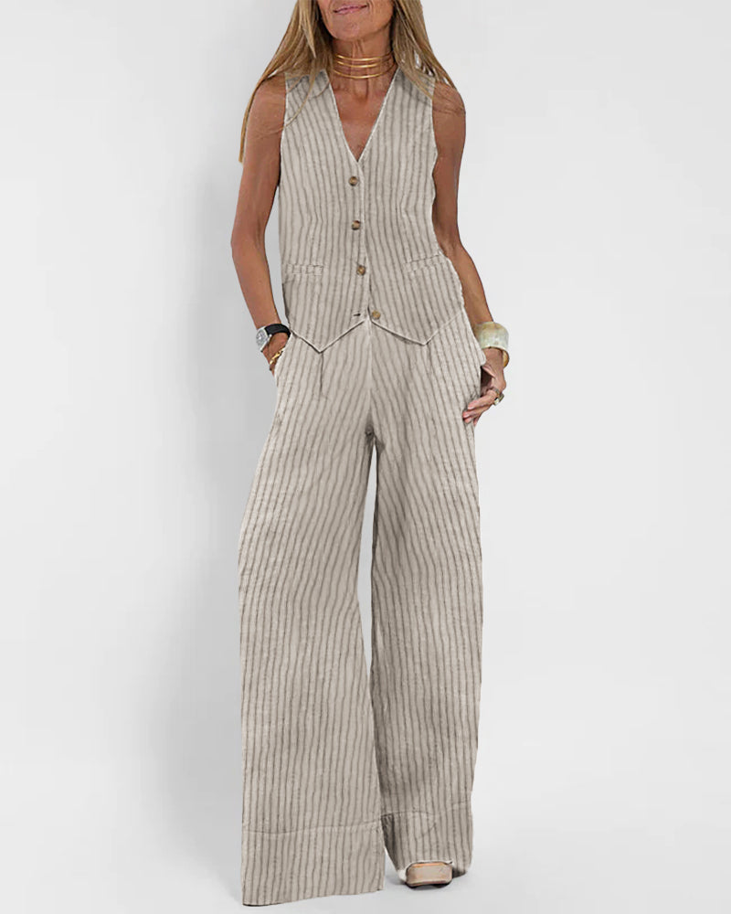 Zeagoo Chic Stripes Sleeveless Vest And Wide Leg Pants Set – Khaki