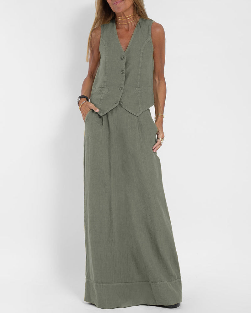 Effortlessly Chic Solid Color Sleeveless Vest And Long Skirts with Pockets Set – Green L-