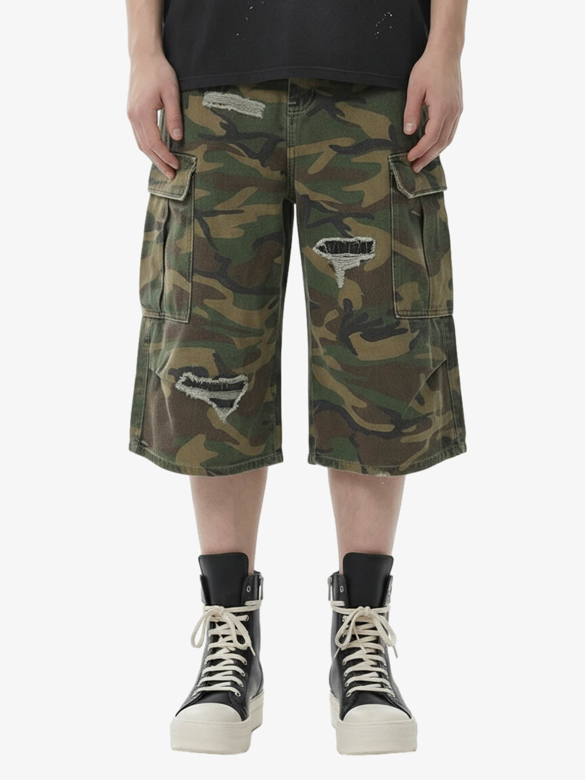 Retro Ripped Camouflage Cropped Shorts