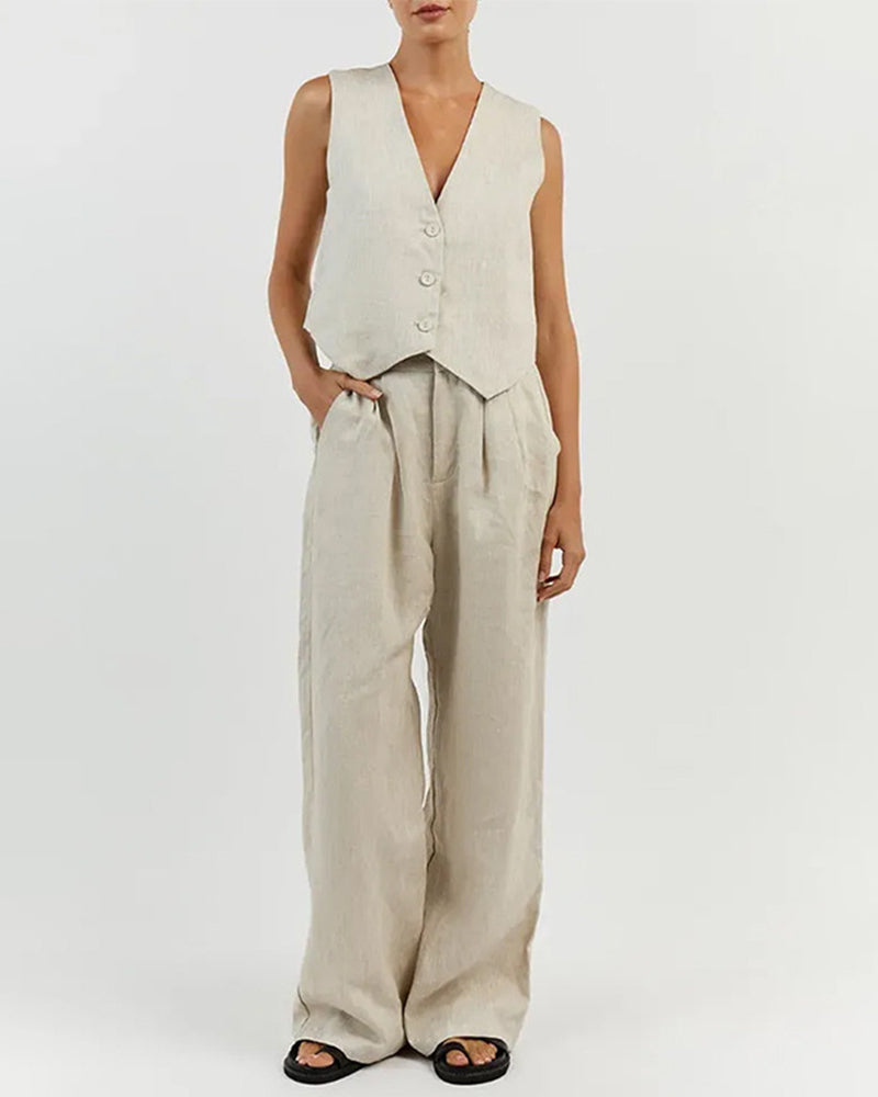 Zeagoo Classic Linen Vest and Wide Leg Pants Set – Khaki M