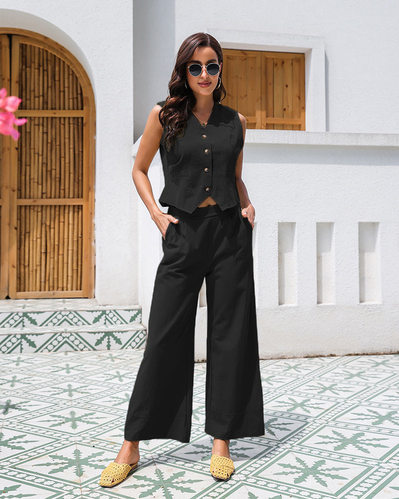 Effortlessly Chic Cotton Sleeveless Vest and Wide Leg Pants Set – Black