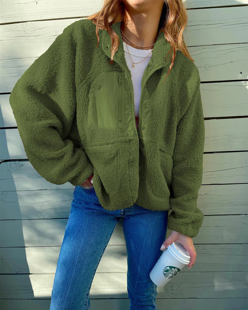 Zipper Button Fleece Sherpa Jacket Bear Teddy Coat – Army Green