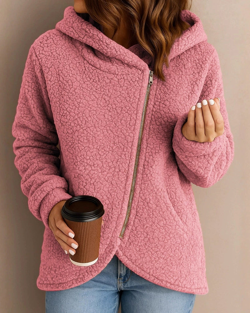 Zeagoo Casual Plush Fleece Diagonal Zip Hooded Jacket Zeagoo Casual Plush Fleece Diagonal Zip Hooded Jacket
