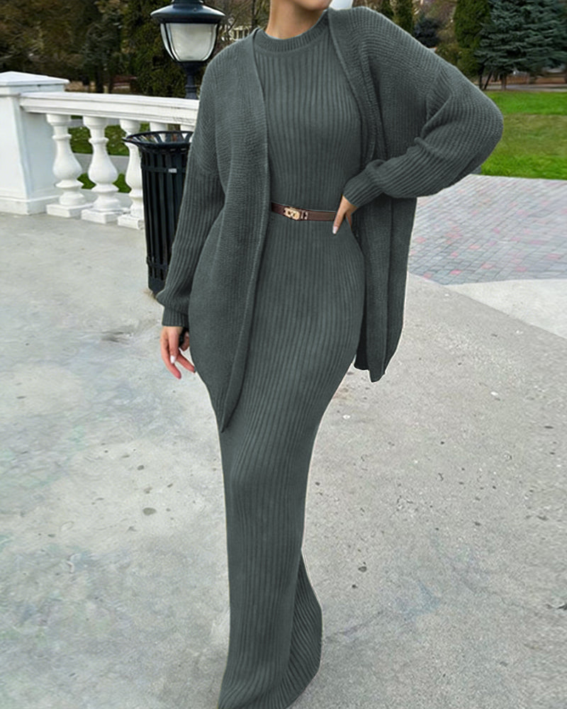Luxury Elegant Ribbed Knit Dress and Cardigan Set Luxury Elegant Ribbed Knit Dress and Cardigan Set