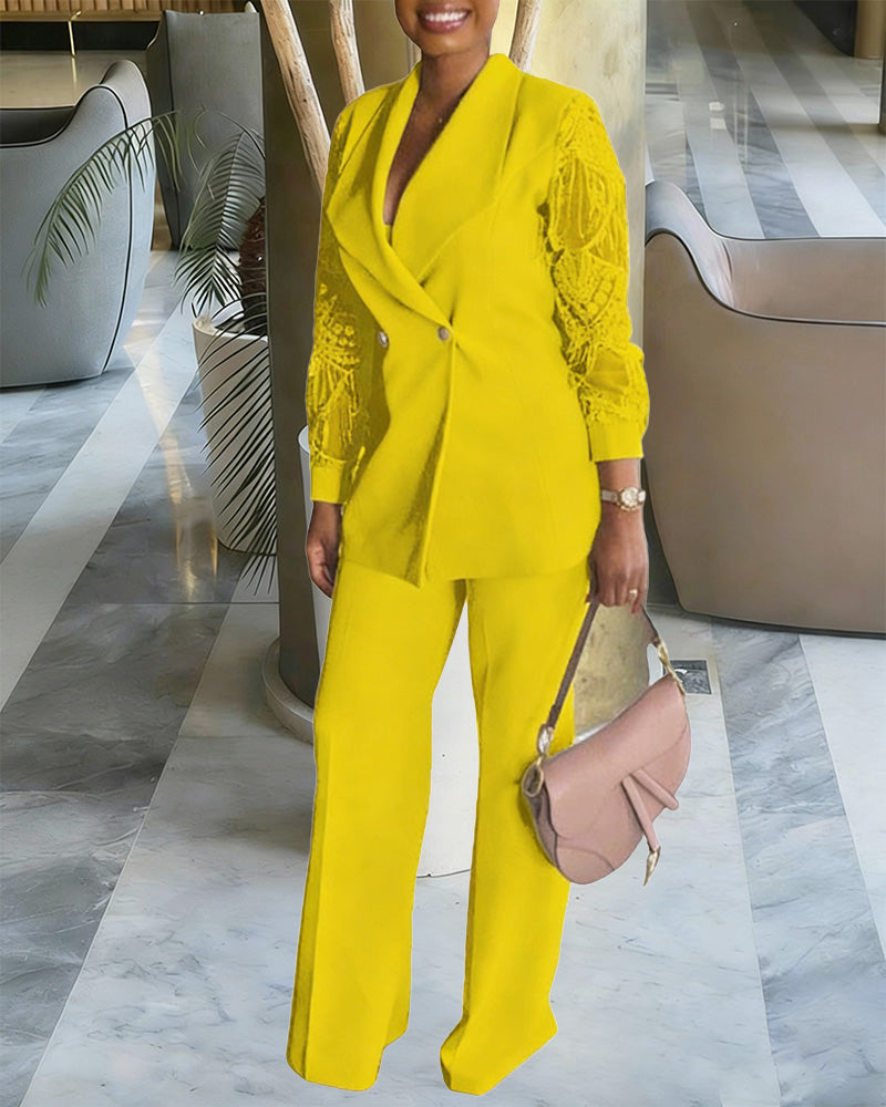 Zeagoo Business Casual Lace Sleeves Blazer and Pants Set Zeagoo Business Casual Lace Sleeves Blazer and Pants Set