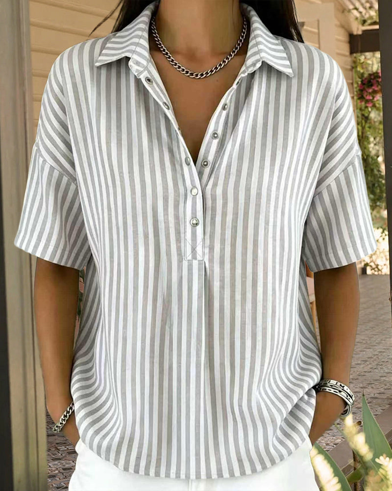 Casual Loose Vertical Striped Short Sleeve Henley Shirt