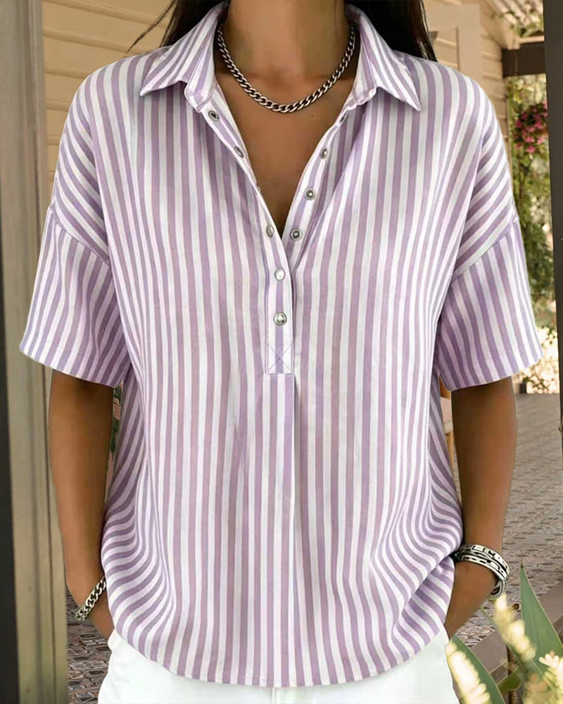 Casual Loose Vertical Striped Short Sleeve Henley Shirt