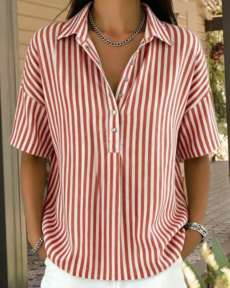 Casual Loose Vertical Striped Short Sleeve Henley Shirt Casual Loose Vertical Striped Short Sleeve Henley Shirt
