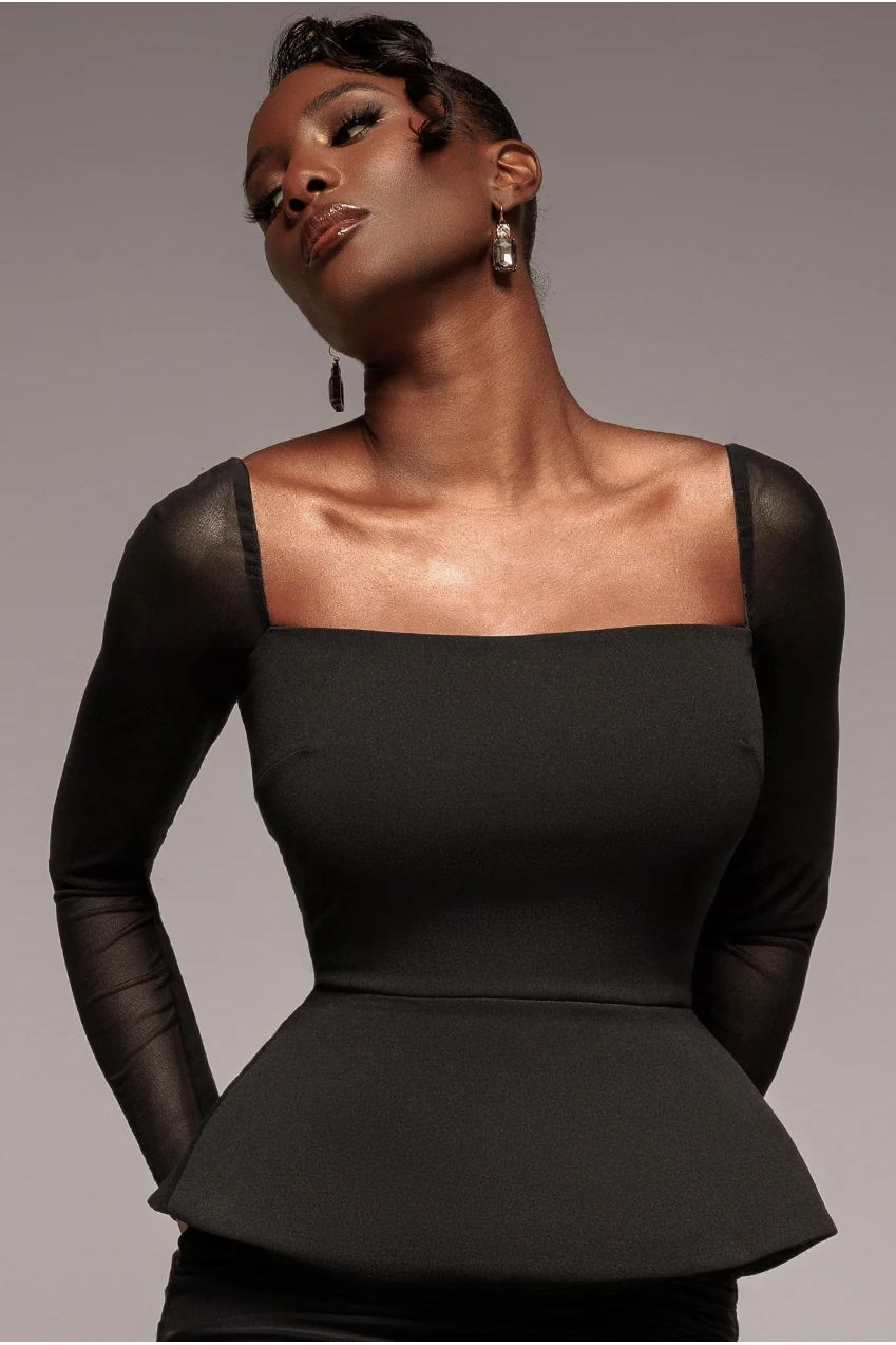 Goddiva Plain Mesh Long Sleeve Scuba Crepe Peplum Top