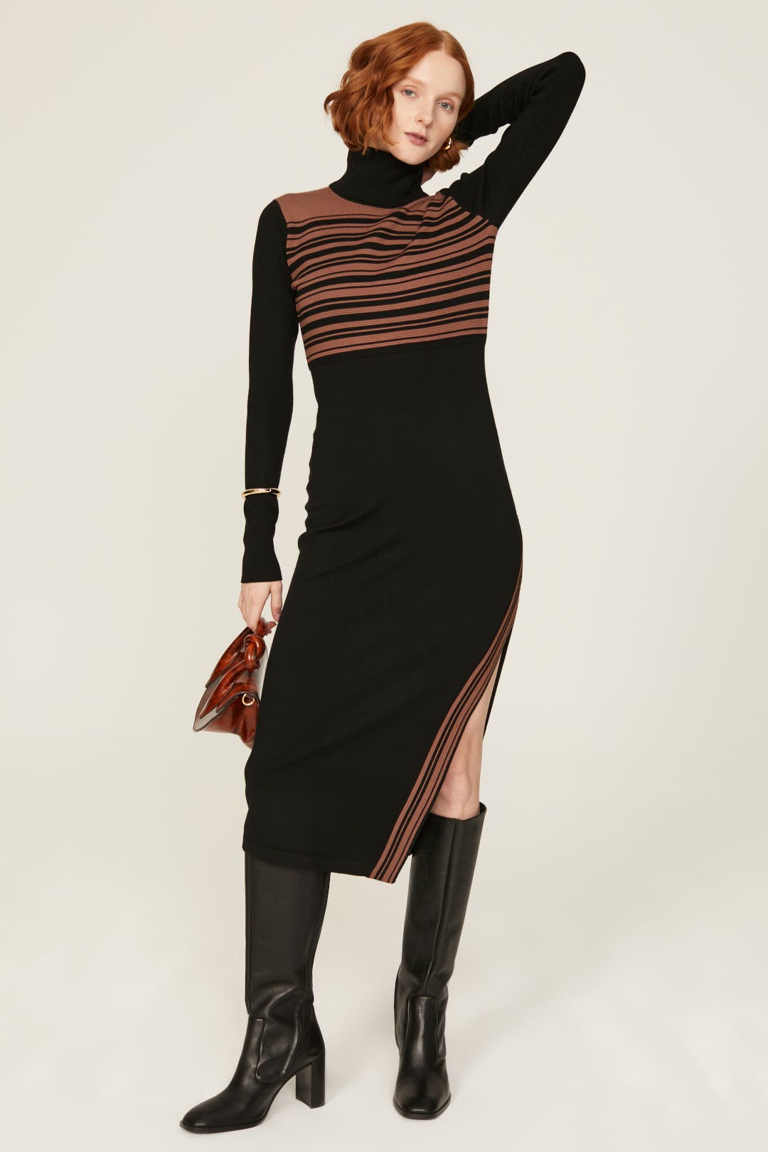 Toccin Blake Striped Turtleneck Dress Black-brown-print Toccin Blake Striped Turtleneck Dress Black-brown-print