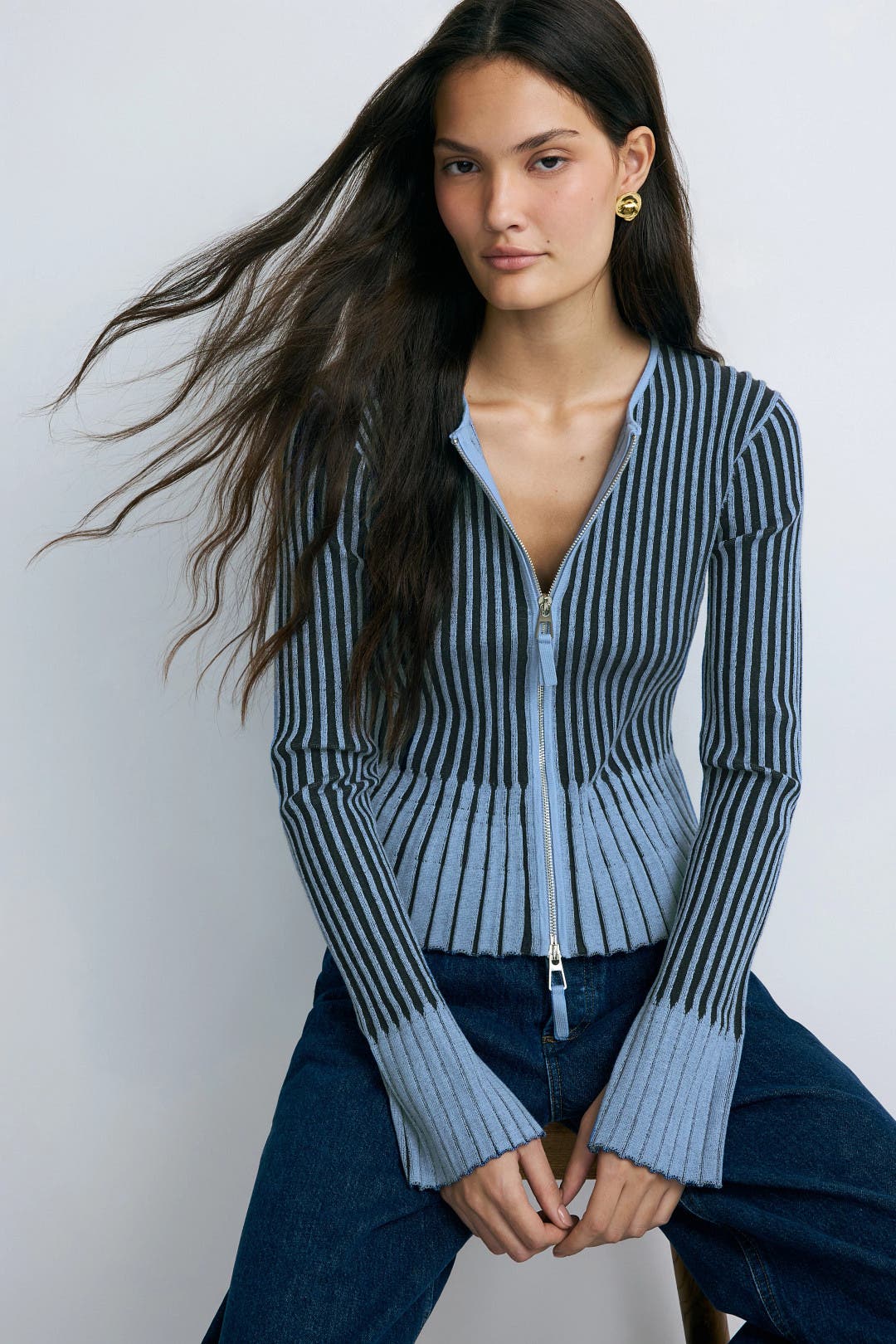 Toccin Two Tone Rib Knit Cardigan Blue