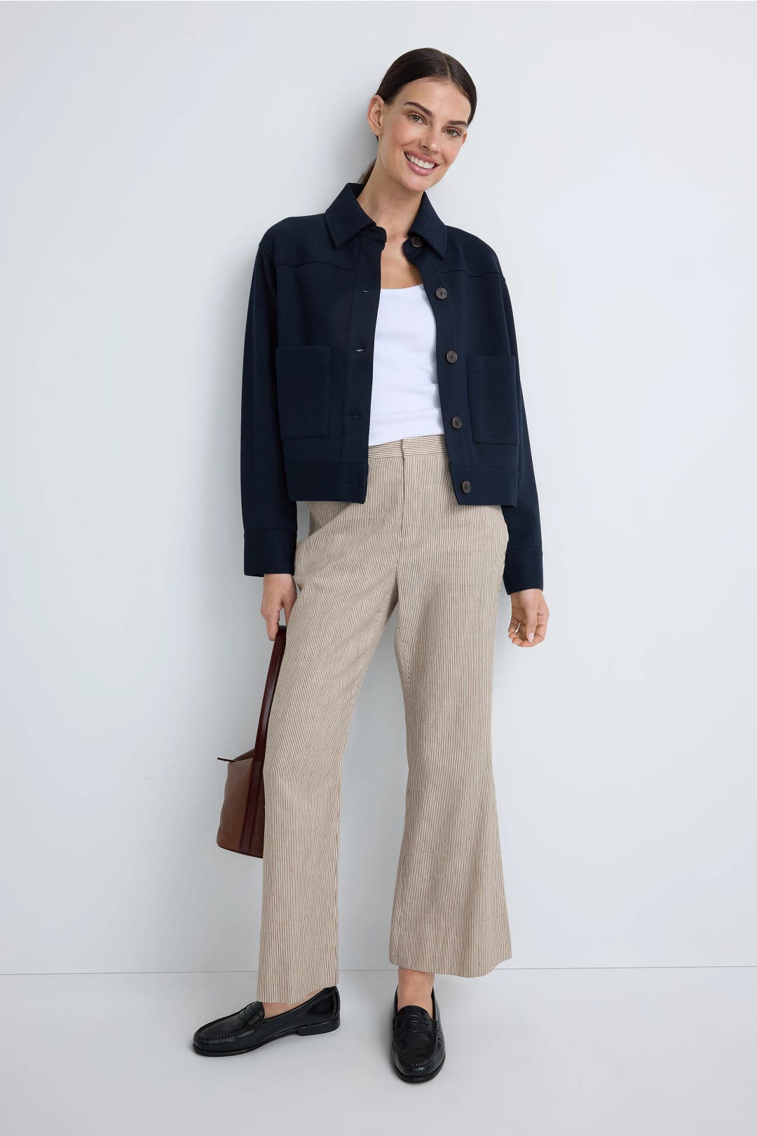 Vince. Low Rise Ticking Striped Cropped Flare Trousers Brown-white-print Vince. Low Rise Ticking Striped Cropped Flare Trousers Brown-white-print