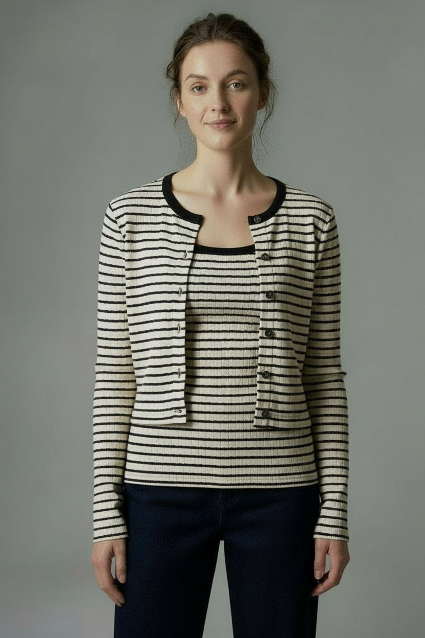 Long sleeve twofer cardigan – CreamBlack Long sleeve twofer cardigan – CreamBlack