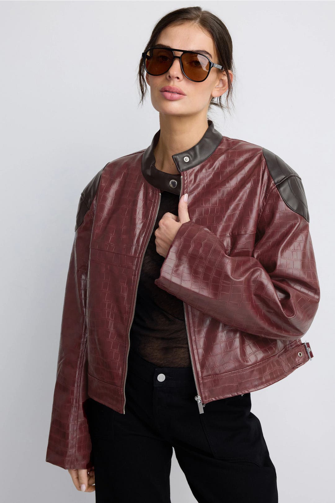 Weworewhat Cropped Biker Jacket Red-black-print Weworewhat Cropped Biker Jacket Red-black-print