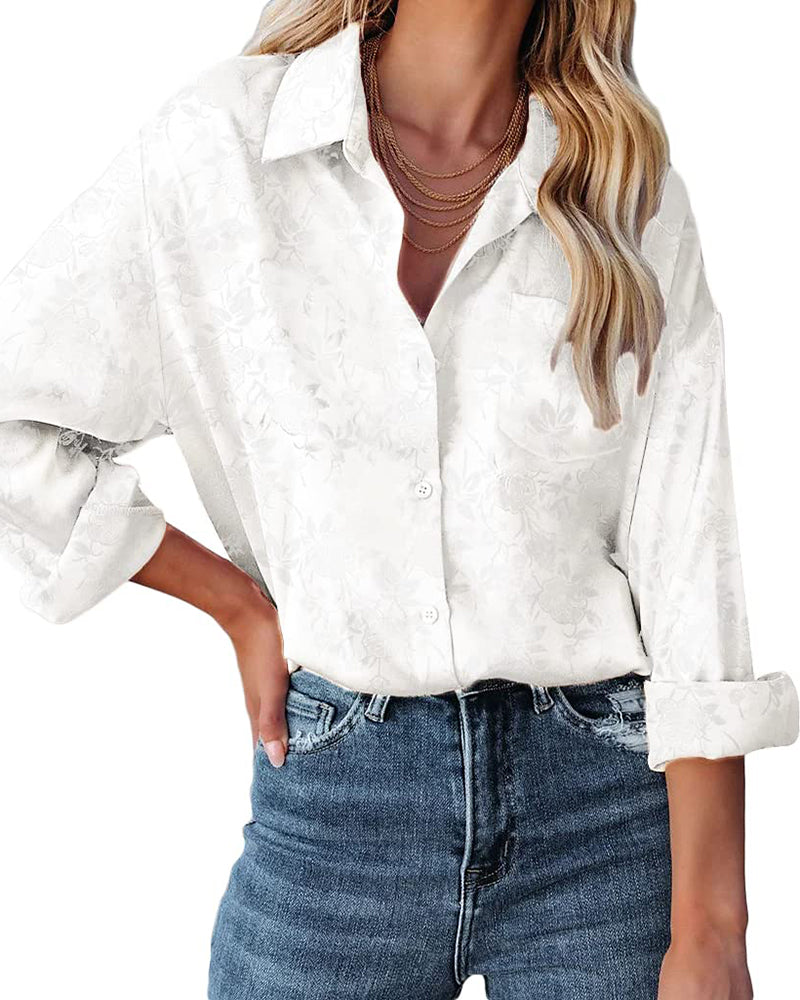 Satin Silk Shirt Floral Button Down Blouse – Zeagoo- White L- Satin Silk Shirt Floral Button Down Blouse – Zeagoo- White L-
