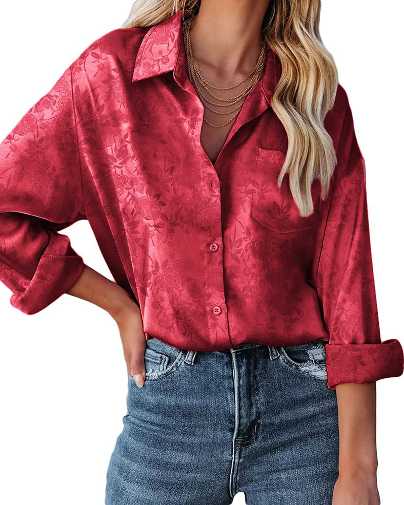 Satin Silk Shirt Floral Button Down Blouse – Zeagoo- Wine Red S Satin Silk Shirt Floral Button Down Blouse – Zeagoo- Wine Red S
