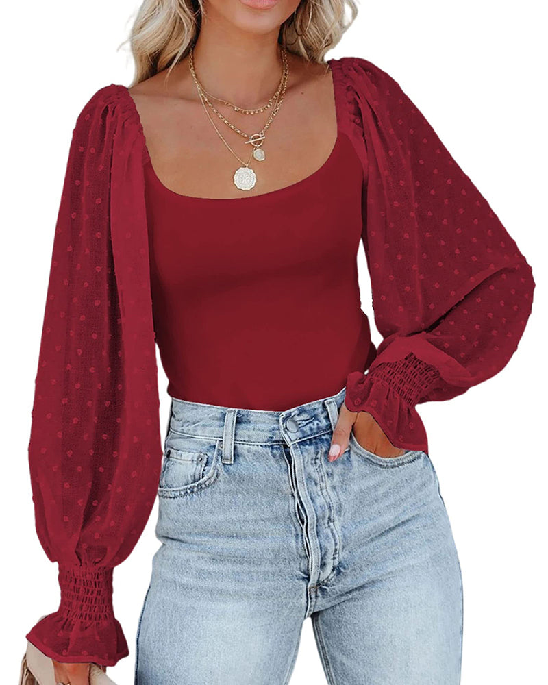 Puff Long Sleeve Bodysuit Leotard Sheer Top – Zeagoo- Wine Red S Puff Long Sleeve Bodysuit Leotard Sheer Top – Zeagoo- Wine Red S