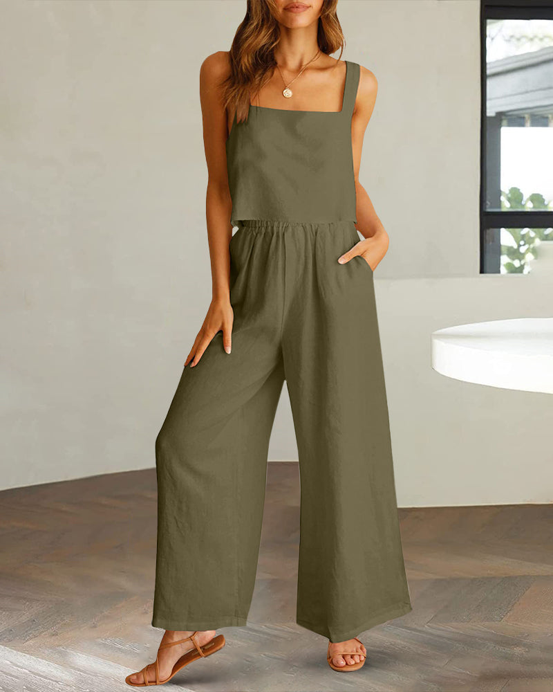 Zeagoo Piece Outfits Square Neck Tank Crop Top Wide Leg Pants Matching Lounge Set Tracksuit – Army Green