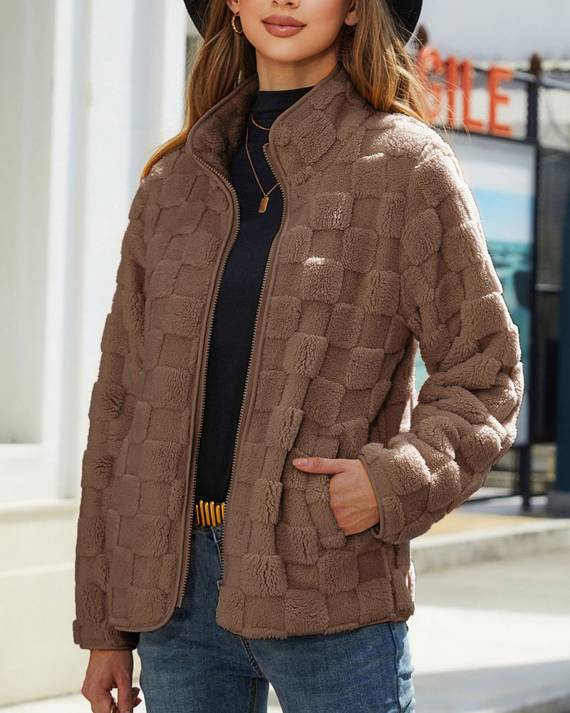Long-sleeved Zippered Cardigan Loose Solid Color Checkered Plush Jacket – Coffee