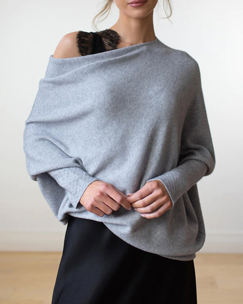 Zeagoo Asymmetric Draped Jumper Long Batwing Sleeve Off The Shoulder Sweater – Grey S Zeagoo Asymmetric Draped Jumper Long Batwing Sleeve Off The Shoulder Sweater – Grey S