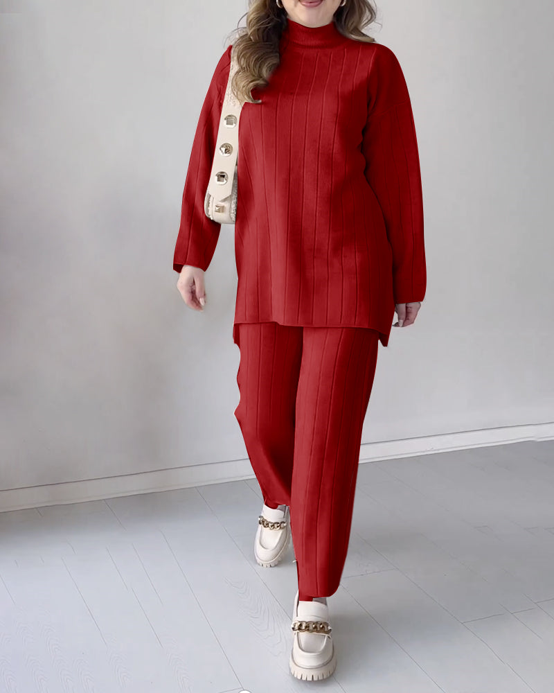 Solid Color Turtleneck Mid-length Casual Two-piece Sweater Set – Red Solid Color Turtleneck Mid-length Casual Two-piece Sweater Set – Red
