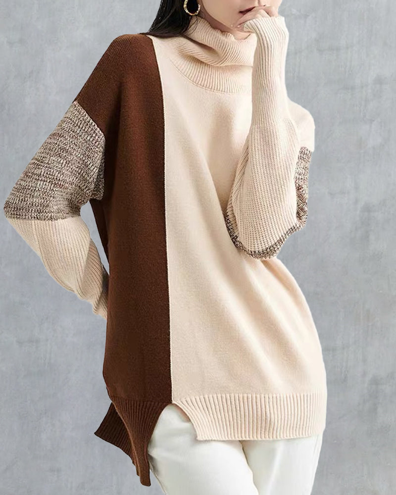 Zeagoo Color Stitching Pullover Wool Long Sleeve Loose Turtleneck Knit Sweater – Coffee M Zeagoo Color Stitching Pullover Wool Long Sleeve Loose Turtleneck Knit Sweater – Coffee M