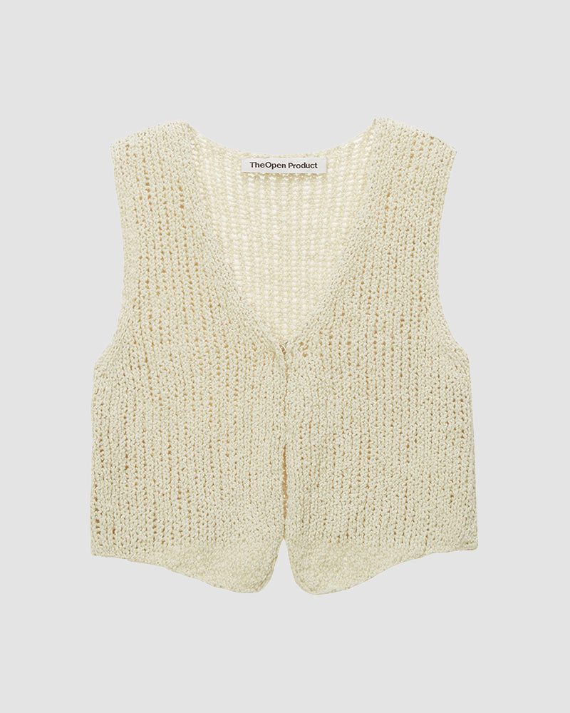 Vintage Knit Sweater Vest Open Front Out Hollow Tank Crop Sleeveless Button Out Top – Beige S