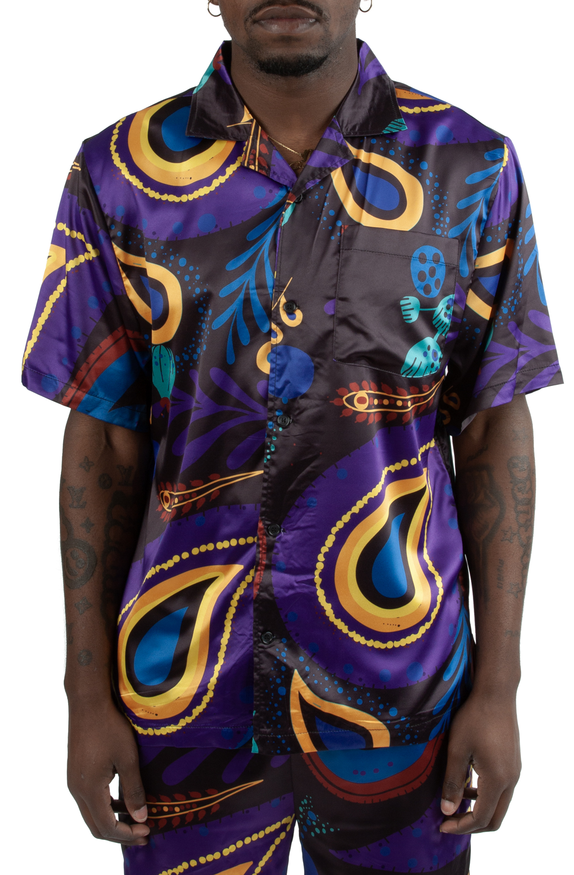 Men Satin Camp Shirt BlackMulti Color Shirts M BlackMulti Color