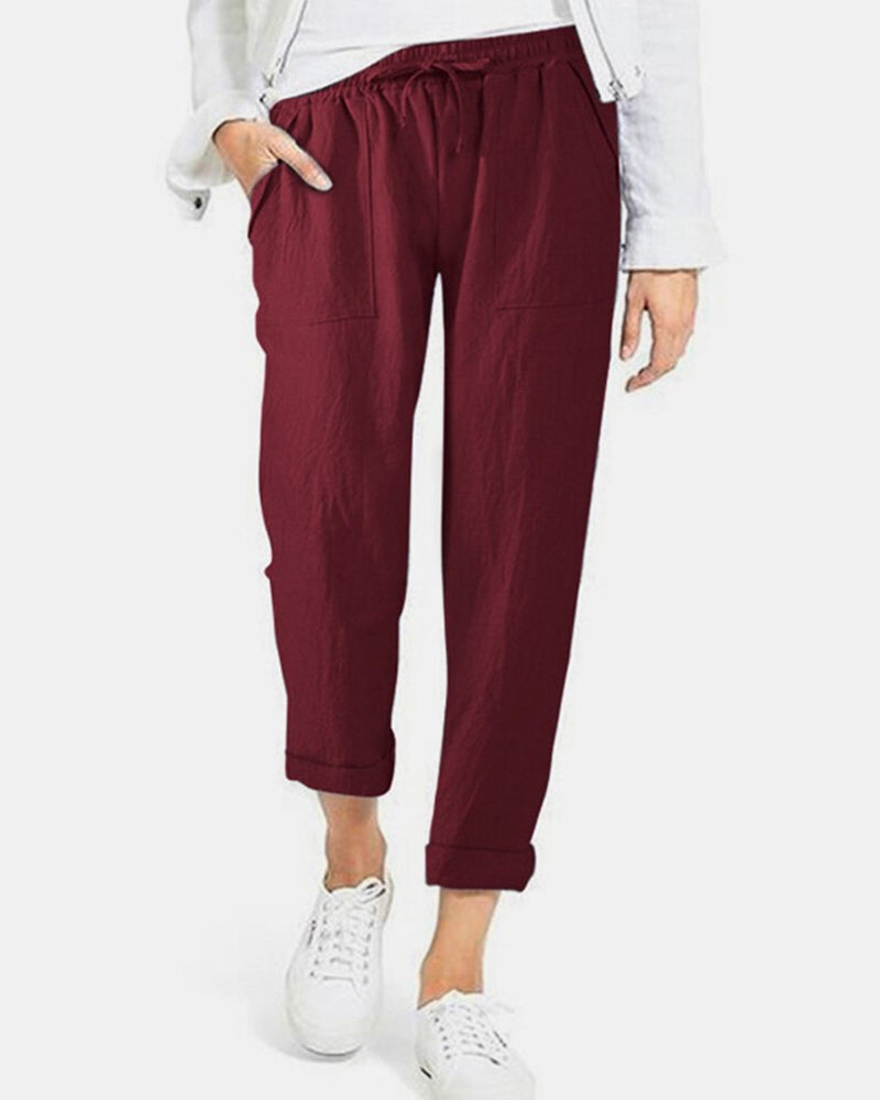 Solid High Waist Drawstring Pocket Loose Casual Trousers Pants – Wine Red S