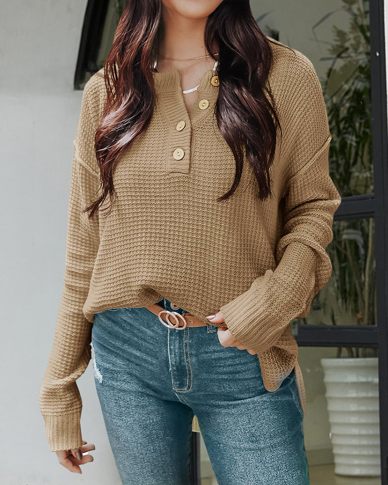 Waffle Knit Long Sleeve Side Slit Button Pullover Jumper Sweater – Khaki L- Waffle Knit Long Sleeve Side Slit Button Pullover Jumper Sweater – Khaki L-