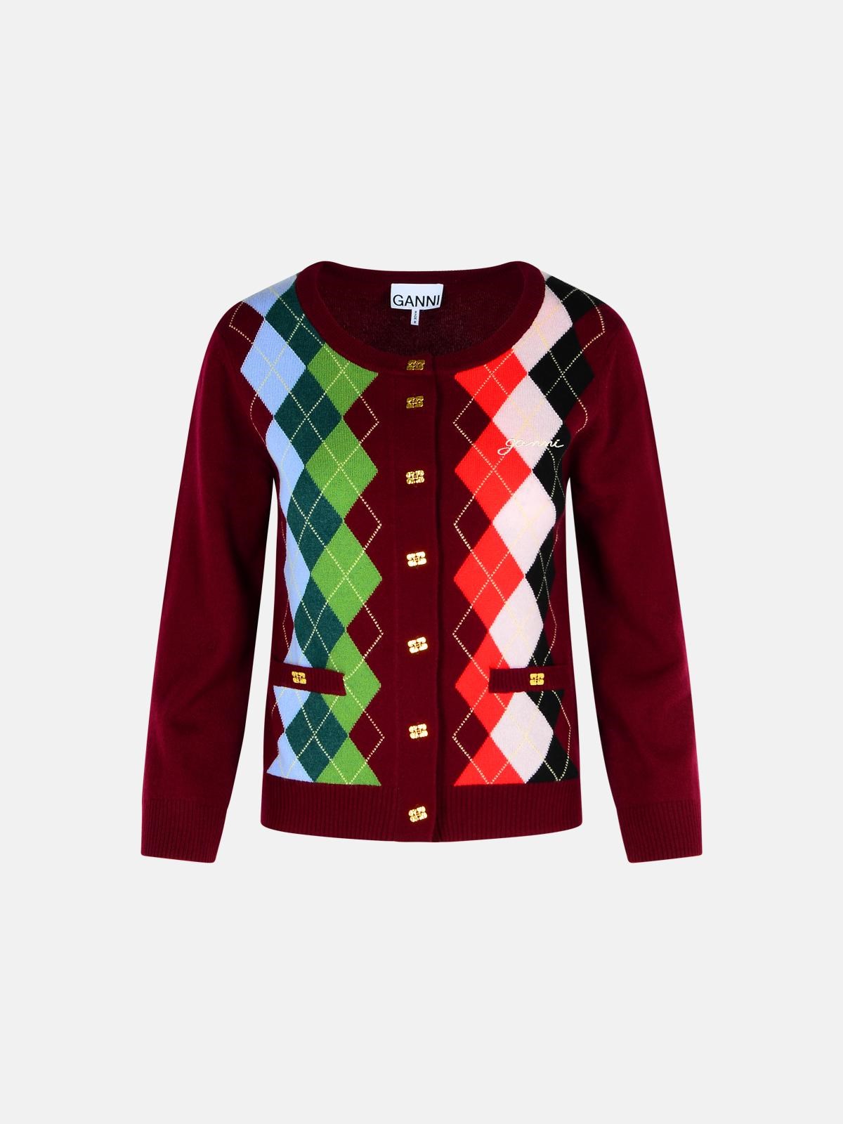 GANNI Burgundy Merino Wool Blend Check Cardigan GANNI Burgundy Merino Wool Blend Check Cardigan