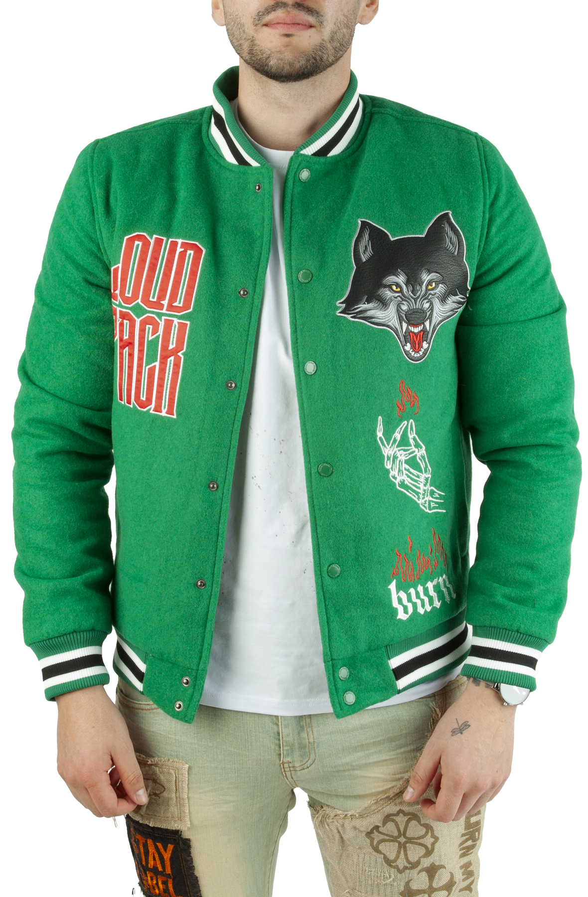 Men Loud Pack Varsity Jacket GreenBlack Jackets GreenBlack