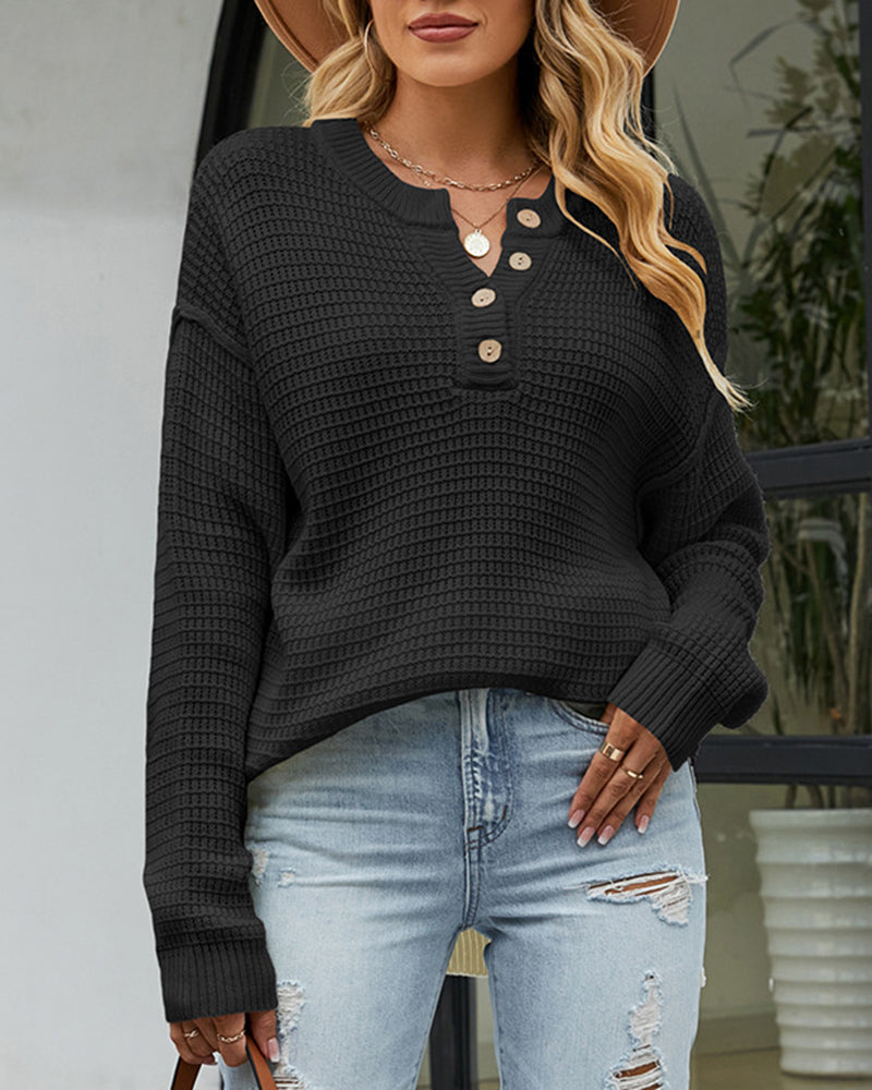 Waffle Knit Long Sleeve Side Slit Button Pullover Jumper Sweater – Black Waffle Knit Long Sleeve Side Slit Button Pullover Jumper Sweater – Black