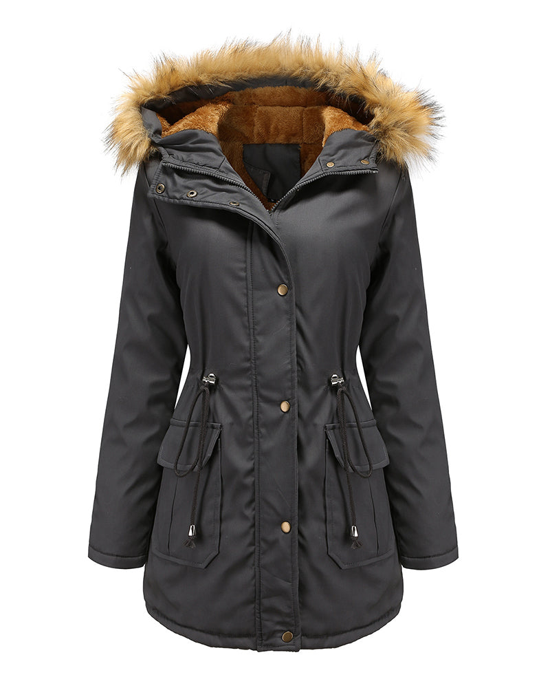 Faux Fur Hood Parka Jacket – Dark Grey S Faux Fur Hood Parka Jacket – Dark Grey S