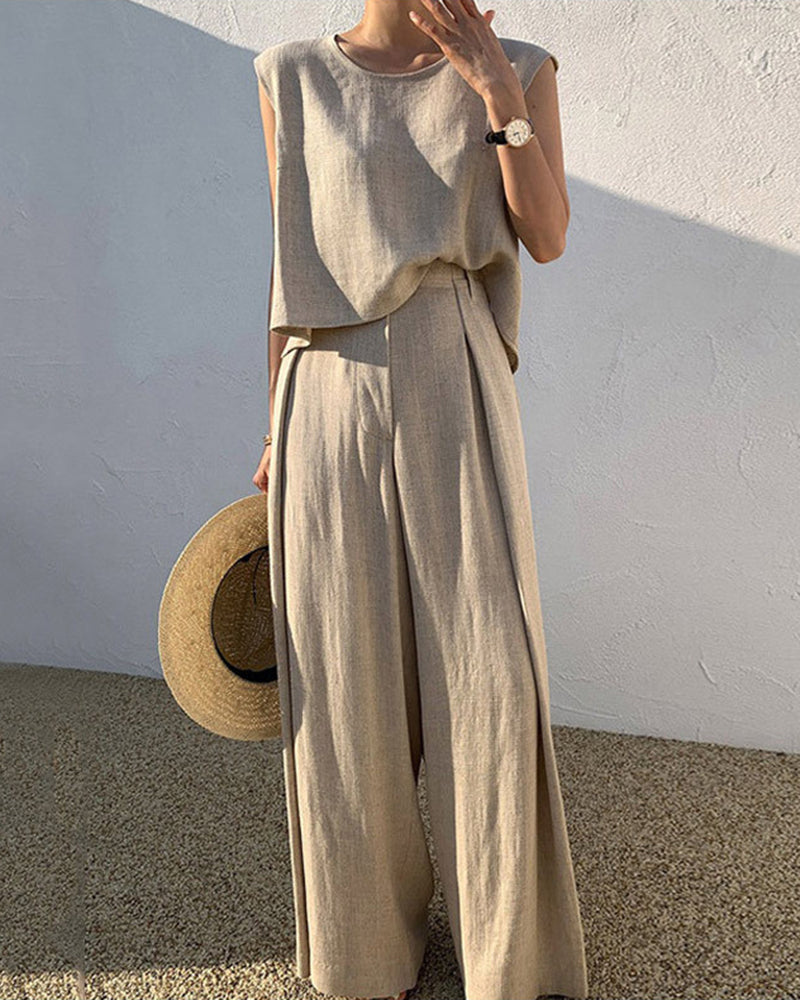 Sleeveless Suits Solid Sets Crew Neck Tank Tops And Wide Leg Long Trousers – Khaki S