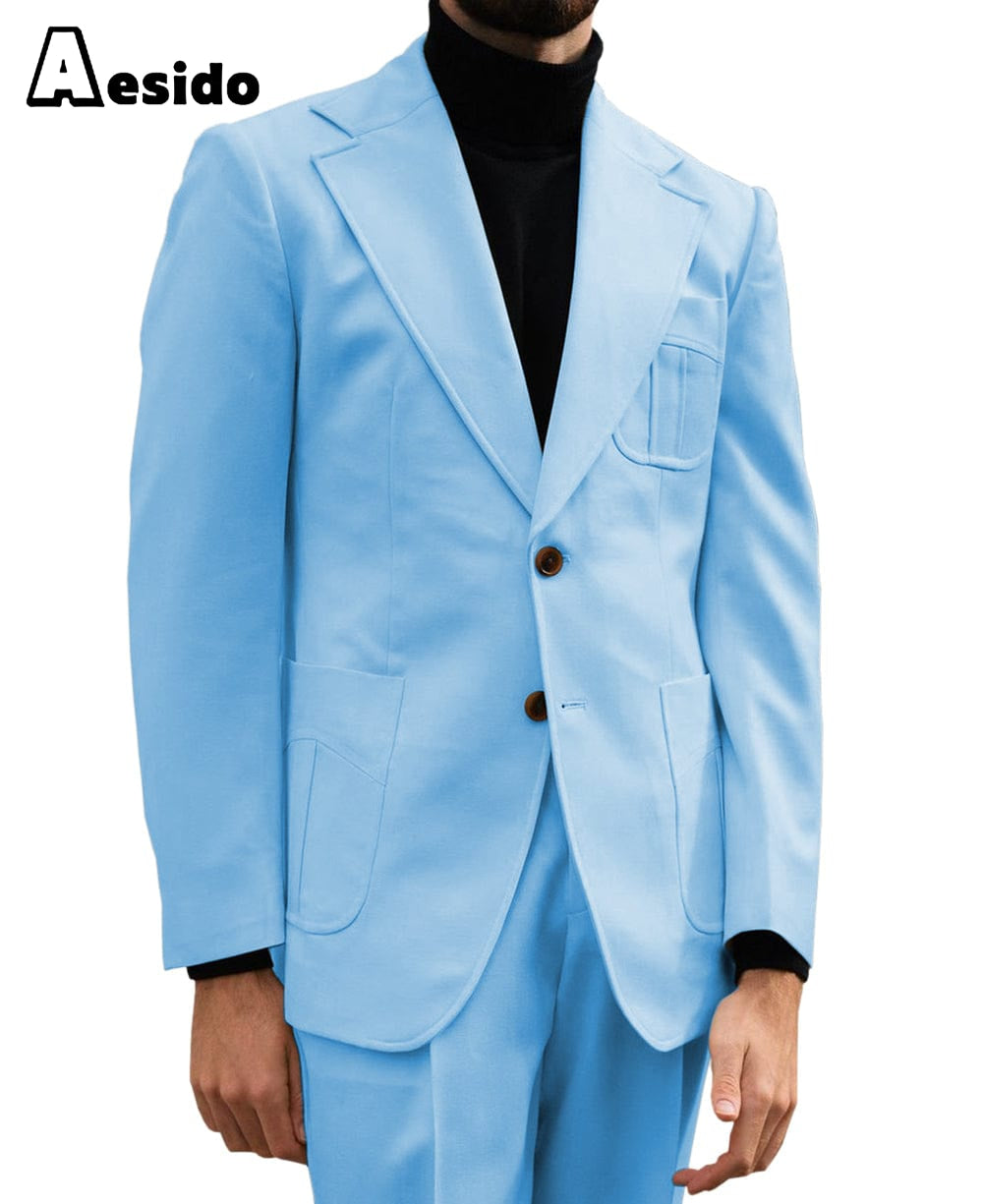 Aesido Piece Notch Lapel Leisure Suit For Men Blazer+Pants – Light Blue R