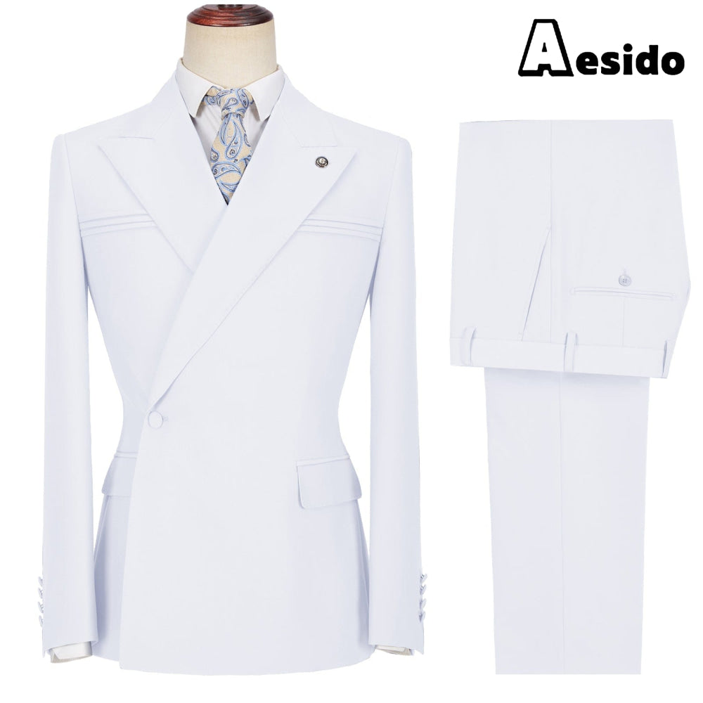 Aesido Pieces Business Mens Suit Slim Fit Peak Lapel Flat Blazer For Wedding Blazer + Pants – White R