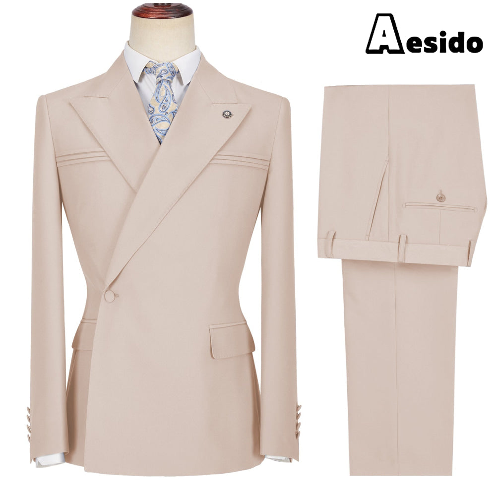 Aesido Pieces Business Mens Suit Slim Fit Peak Lapel Flat Blazer For Wedding Blazer + Pants – Beige R