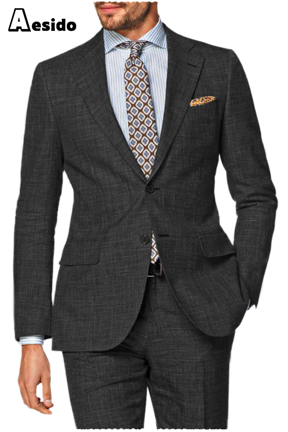 Aesido Pieces Double Button Notch Lapel Linen Men’s Suit Blazer+Pants – Black R Aesido Pieces Double Button Notch Lapel Linen Men’s Suit Blazer+Pants – Black R