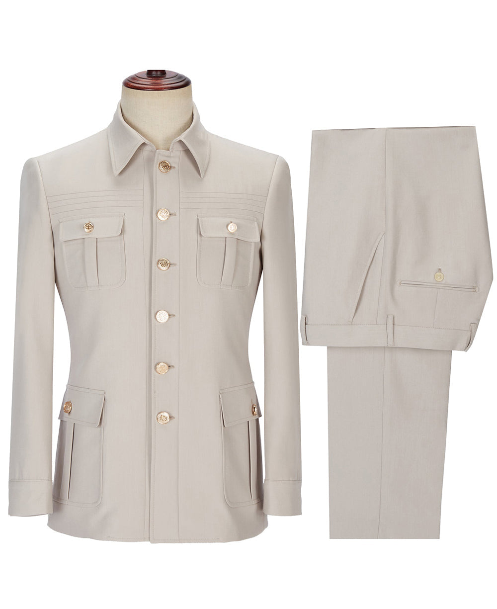 Aesido Pieces Mens Suit Slim Fit Flat Stand Collar Blazer For Wedding Blazer+Pants – Beige R