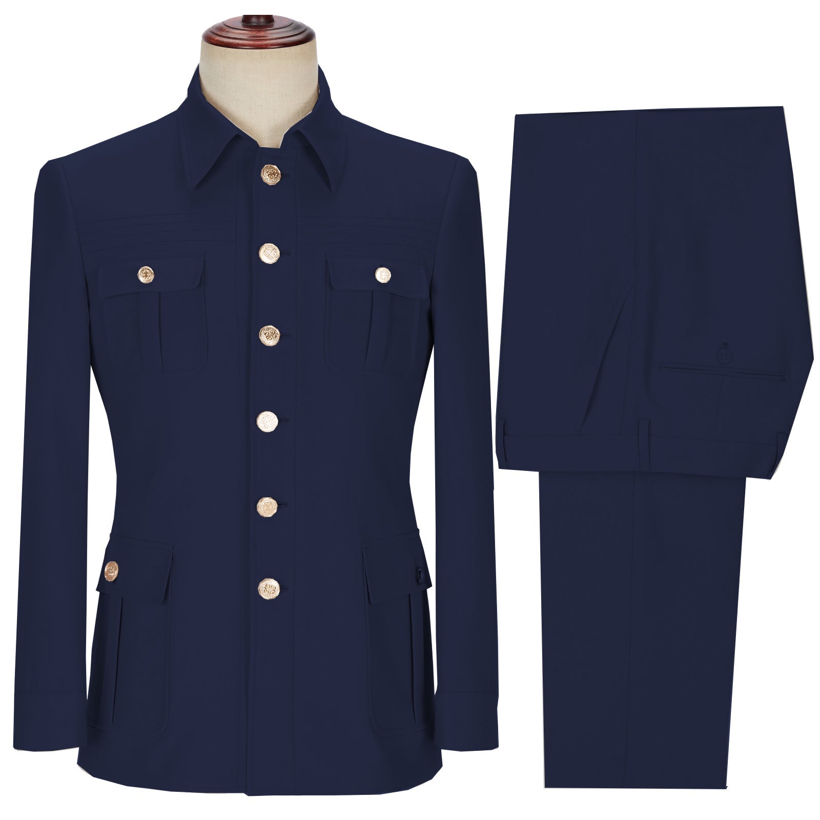 Aesido Pieces Mens Suit Slim Fit Flat Stand Collar Blazer For Wedding Blazer+Pants – Navy R