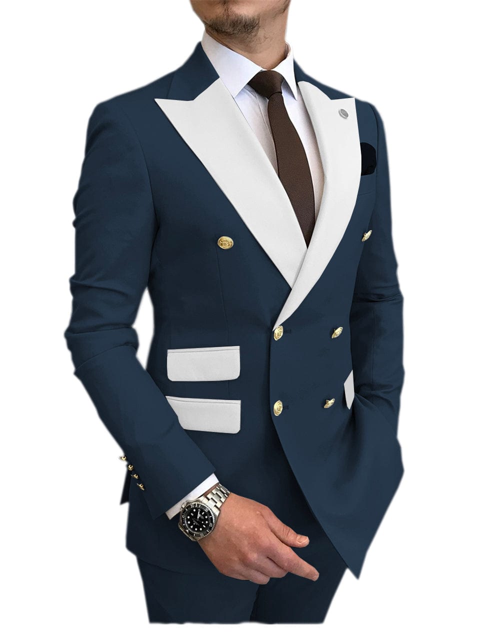 Aesido Pieces Mens Suit Slim Fit Peak Lapel Flat Blazer For Wedding Blazer+Pants – Navy R