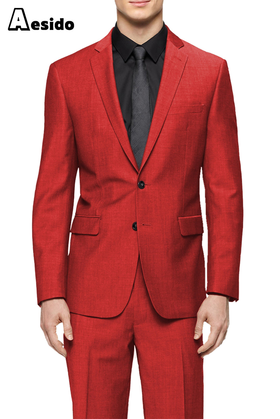 Aesido Grey Pieces Business Casual Notch Lapel Slim Fit Men’s Suit Blazer+Pants – Red R